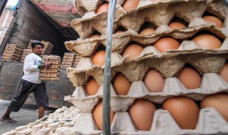 Pekerja membongkar muat telur ayam di pasar tradisional Lhokseumawe, Aceh, Selasa (4/5/2021). Meningkatnya permintaan telur untuk berbagai keperluan Lebaran seperti membuat kue menyebabkan harga telur naik dari Rp28.500 per papan menjadi Rp34 ribu per papan.