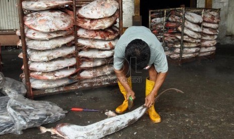  Pekerja membongkar muatan ikan laut di Pelabuhan Samudra Nizam Zahman, Jakarta, Ahad (13/10).  (Republika/Adhi Wicaksono)