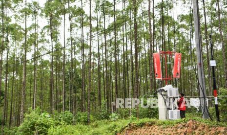 Pekerja memeriksa mobile BTS yang dipasang di kawasan titik nol Ibu Kota Negara (IKN) Nusantara jelang kunjungan Presiden Joko Widodo di Kecamatan Sepaku, Penajam Paser Utara, Kalimantan Timur, Ahad (13/3/2022). Presiden Joko Widodo berencana akan berkunjung dan berkemah di kawasan titik nol IKN Nusantara pada 14-15 Maret dan akan menggelar seremoni ritual Kendi Nusantara dengan mengumpulkan 34 tanah dan air yang dibawa oleh 34 gubernur se-Indonesia di titik nol IKN Nusantara pada Senin (14/3/2022).