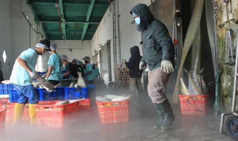 Pekerja mengeluarkan ikan beku dari dalam ruang pendingin di sebuah tempat penyimpanan ikan di Muara Angke, Jakarta. Kementerian Kelautan dan Perikanan (KKP) berhasil meningkatkan gairah investasi di bidang kelautan dan perikanan Indonesia sepanjang semester pada 2022. Dirjen Penguatan Daya Saing Produk Kelautan dan Perikanan (PDSPKP), KKP, Artati Widiarti memperkirakan realisasi investasi semester I 2022 mencapai Rp 4,04 triliun atau meningkat 36,29 persen dibandingkan periode yang sama pada tahun sebelumnya.