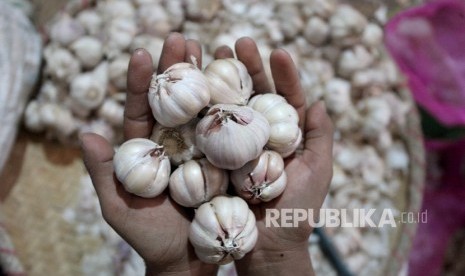 Pekerja mengupas bawang merah di Pasar Induk Kramat Jati, Jakarta, Senin (8/5). Pemerintah akan melakukan impor bawang merah dan bawang putih pada pekan depan.