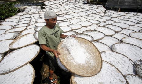 Pekerja menjemur bahan olahan dari singkong yang dibuat menjadi tepung tapioka di Sentul, Kabupaten Bogor, Jawa Barat, Jumat (12/8/2022). Menteri Koperasi dan UKM Teten Masduki memastikan Indonesia saat ini mengandalkan kekuatan ekonomi domestik untuk menstabilkan perekonomian ditengah terjadinya inflasi secara global, UMKM pun akan menjadi kekuatan utama untuk meningkatkan pertumbuhan ekonomi. 