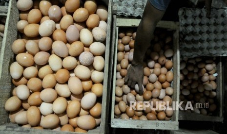  Pekerja mensortir telur ayam untuk dikirim ke warung-warung di agen penjualan telur Agung Jaya, Menteng Atas, Jakarta, Ahad (26/3). 