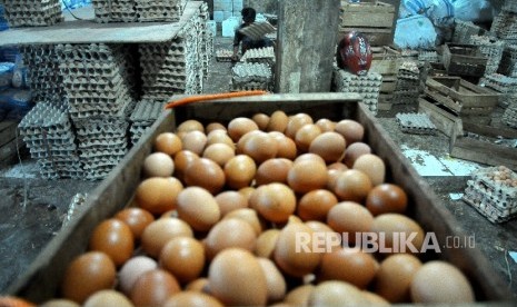 Pekerja mensortir telur ayam untuk dikirim ke warung-warung di agen penjualan telur Agung Jaya, Menteng Atas, Jakarta, Ahad (26/3). 