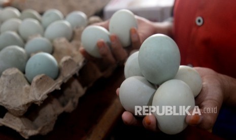  Pekerja menunjukan telor asin khas Brebes di Kawasan Jalan Diponegoro, Brebes, Jawa Tengah, Senin(12/6).