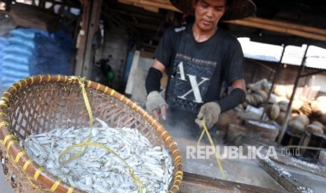 Pekerja merebus ikan dengan air garam di Cilincing, Jakarta Utara, Kamis (21/9).