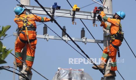 Pekerja Perusahaan Listrik Negara (PLN) melakukan perawatan pada jaringan listrik. 