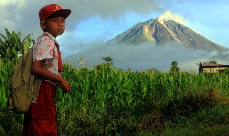  Pelajar berangkat menuju sekolahnya yang berada di sekitar kaki Gunung Sinabung di Desa Berastepu, Karo, Sumut, Kamis (7/11).   (Antara/Irsan Mulyadi)