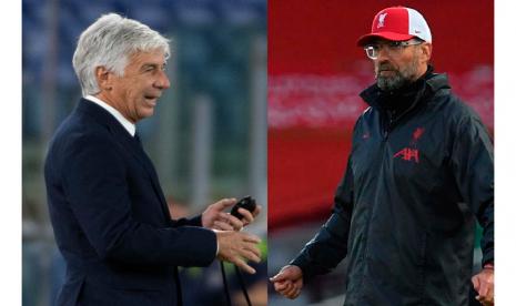 Pelatih Atalanta Gian Piero Gasperini dan Pelatih Liverpool Jurgen Klopp. Liverpool diprediksi kesulitan hadapi Atalanta yang tak terkalahkan di Liga Champions