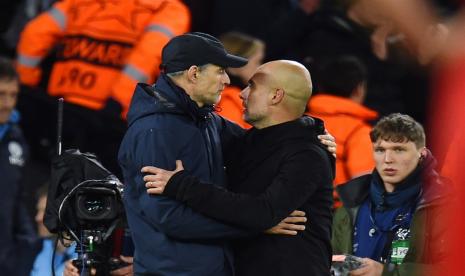 Pelatih Bayern Munchen Thomas Tuchel (kiri) dan Pelatih Manchester City Josep Guardiola