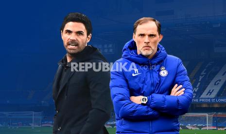 Pelatih Chelsea Thomas Tuchel (kanan) akan beradu taktik dengan pelatih Arsenal Mikel Arteta dalam pertandingan Liga Primer Inggris, Kamis (13/5) dini hari WIB.