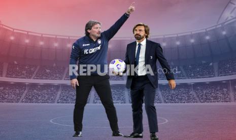 Pelatih Crotone Giovanni Stroppa (kiri) akan beradu taktik dengan pelatih Juventus Andrea Pirlo.