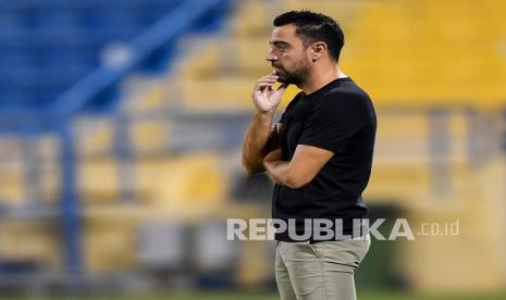  Pelatih kepala Al Sadd, Xavi Hernandez, bereaksi pada pertandingan sepak bola Qatar Stars League antara Al Sadd dan Al Ahli di Doha, Qatar, 30 Oktober 2021. 