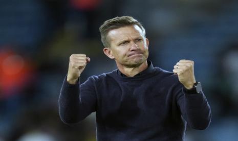 Pelatih kepala Leeds United Jesse Marsch merayakan di akhir pertandingan sepak bola Liga Inggris antara Leeds United dan Everton, di Stadion Elland Road di Leeds, Inggris, Selasa, 30 Agustus 2022. 