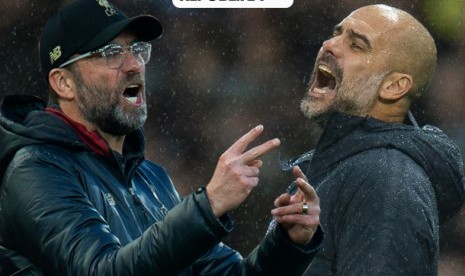 Pelatih Manchester City Pep Guardiola dan pelatih Liverpool Juergen Klopp (kiri).