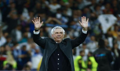 Pelatih Real Madrid Carlo Ancelotti usai membawa timnya menyingkrikan Manchester City di semifinal Liga Champions.