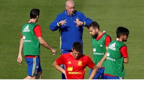 Pelatih Vicente del Bosque memberikan instruksi kepada para pemain Spanyol.