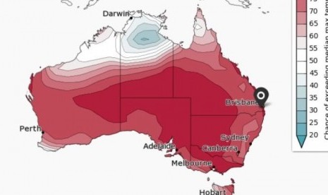 Peluang suhu maksimum di atas median di wilayah Australia selama Maret-Mei.