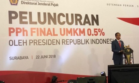 Peluncuran insentif PPh bagi pengusaha UMKM dilakukan langsung  oleh Presiden Jokowi di Surabaya, Jawa Timur, Jumat (22/06). 