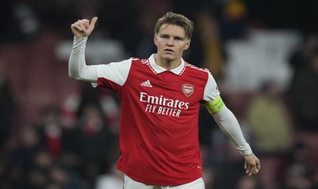 Pemain Arsenal Martin Odegaard beraksi saat pertandingan sepak bola Liga Inggris beberapa waktu lalu.