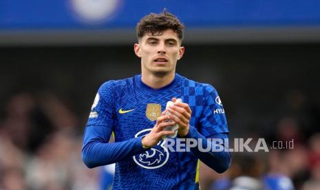  Pemain Chelsea Kai Havertz melakukan selebrasi usai pertandingan sepak bola Liga Inggris antara Chelsea dan Newcastle United di stadion Stamford Bridge di London, Ahad (13/3/2022) malam WIB.