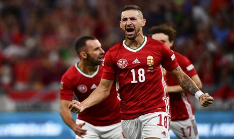 Pemain Hungaria Zsolt Nagy merayakan gol ke gawang Jerman dalam laga UEFA Nations League di Puskas Arena, Budapest, Hungaria, Ahad (12/6/2022) dini hari WIB.