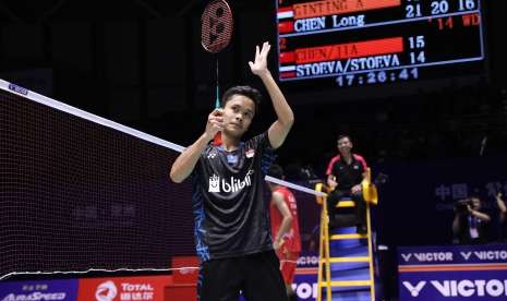 Pemain Indonesia, Anthony Sinisuka Ginting mampu mengalahkan pemain Cina, Chen Long di perempat final China Open 2018, Jumat (21/9).