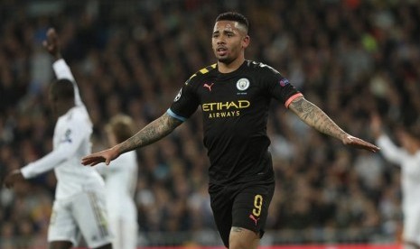 Pemain Manchester City Gabriel Jesus merayakan golnya ke gawang Real Madrid