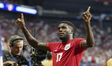 Pemain Panama Jose Fajardo merayakan gol kedua timnya melawan Amerika Serikat selama pertandingan sepak bola Grup C Copa America di Atlanta, AS< Jumat (28/6/2024) pagi WIB.