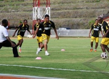 Pemain Persipura Jayapura menggelar latihan jelang laga lawan Chonburi. Persipura pun akhirnya menang telak 3-0.