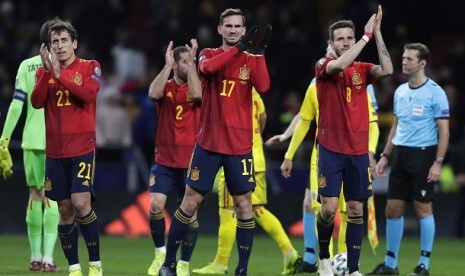 Pemain Spanyol usai kalahkan Rumania di pertandingan Kualifikasi Piala Eropa 2020.