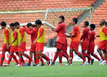 Pemain Timnas Indonesia saat melakukan latihan terakhir di Gelora Bung karno, Jakarta.