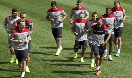 Pemain Timnas Kroasia melakukan sesi latihan jelang perhelatan Piala Dunia 2014 Brasil di Bad Tatzmannsdorf, Wina, akhir Mei lalu. 