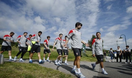 Pemain Timnas Kroasia tiba di tempat latihan di Bad Tatzmannsdorf, Wina, pada 24 Mei lalu. 