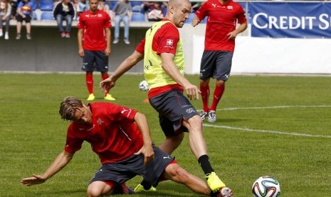 Pemain Timnas Swiss menggelar latihan di Weggis, Swiss, pada 26 Mei. 