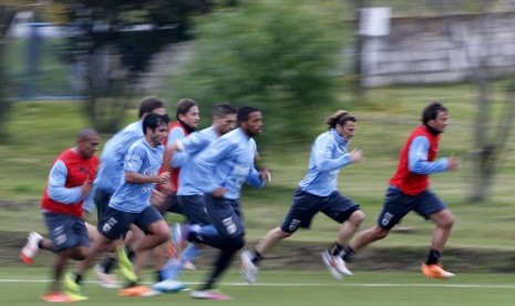 Pemain Timnas Uruguay menggelar sesi latihan di Montevideo, Uruguay, pada 21 Mei lalu. 