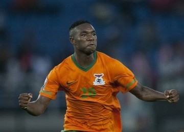 Pemain timnas Zambia, Emmanuel Mayuka, melepaskan emosinya usai menjebol jala Ghana di babak semifinal Piala Afrika 2012 di Bata, Guinea Ekuatorial, Rabu (8/2). 