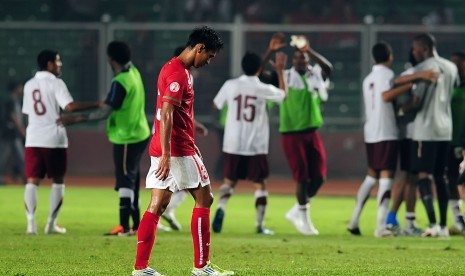 Pemain Timnas Zulkifli Syukur ketika bertanding melawan Qatar