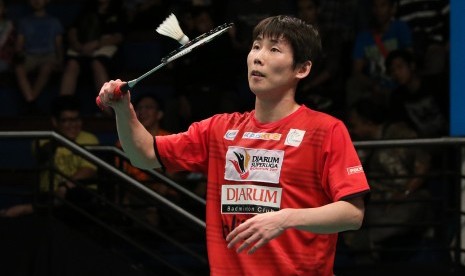 Pemain tunggal pertama Musica Champions, Son Wan Ho dari Korea yang cedera saat berlaha di babak final Djarum Superliga Badminton 2017, Ahad (26/2).