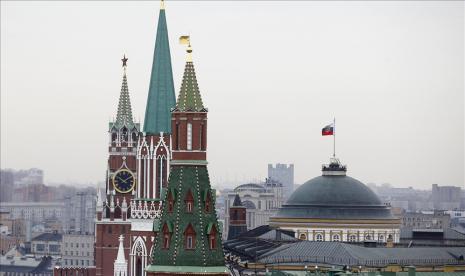 Pemandangan Kremlin, Lapangan Merah dan Museum Sejarah Negara Moskow, di Moskow, Rusia.