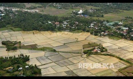 Pemandangan lahan sawah berada di pemukiman penduduk,  kawasan Blang Bintang, Aceh Besar, Aceh, Kamis (23/11). Kementerian Pertanian pada tahun anggaran 2018 merencanakan mencetak sawah baru seluas 37.360 hektare dengan alokasi anggaran sebesar Rp710 miliar dalam upaya  mewujudkan  swasembada pangan nasional.