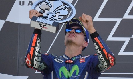 Pembalap Yamaha, Maverick Vinales di podium GP Italia, Sirkuit Mugello, Ahad (4/6).