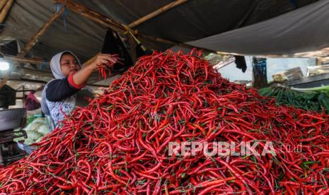 Pembeli berbelanja cabal di Pasar Rangkasbitung, Lebak, Banten.  Tiga komoditas pangan, cabai merah, telur ayam ras, hingga minyak goreng menjadi pemicu utama lonjakan inflasi pada bulan Maret 2022 yang tembus 0,66 persen.