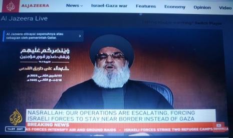 Pemimpin gerakan Hizbullah Lebanon, Hassan Nasrallah, berbicara untuk pertama kalinya di hadapan publik sejak serangan Hamas ke Israel yang memicu perang di Gaza, Jumat (3/11/2023).