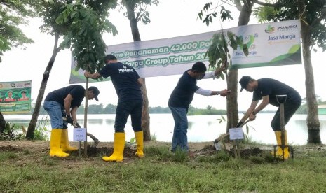 Penanaman pohon PT Jasa Marga Japek Selatan (JJS) di kawasan Situ Cipule, Kecamatan Ciampel, Kabupaten Karawang. 