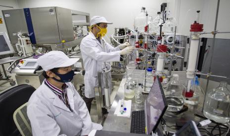 Researchers are active in the Merah Putih research room at the Bio Farma office in Bandung, West Java, Indonesia.