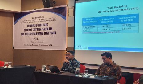 Peneliti Lingkaran Survei Indonesia Denny JA, Ikrama Masloman, memaparkan hasil temuan survei atas Pilkada Luwu Timur, Sabtu (23/11/2024).