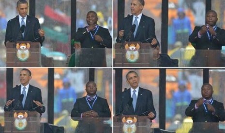 Penerjemah bahasa isyarat pada pemakaman Nelson Mandela bersama Presiden AS Barack Obama