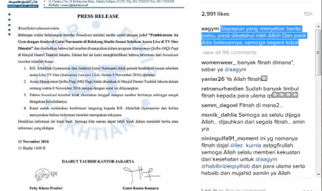 Pengasuh Pondok Pesantren Daarut Tauhiid, Abdullah Gymnastiar atau Aa Gym mengunggah rilis pihak DT di akun Instagram pribadinya, Jumat (11/11).