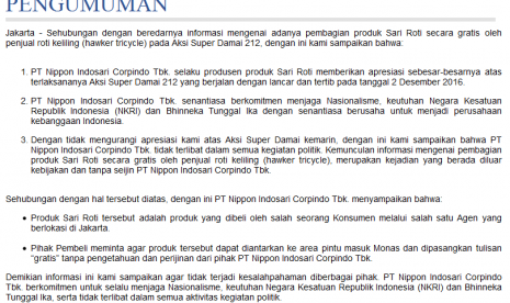 Pengumuman klarifikasi Sari Roti di situs resminya, Selasa (6/12).